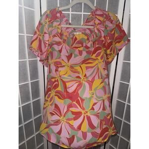 Pleione Floral Tie Neck Blouse Womens Medium Red Pink Top